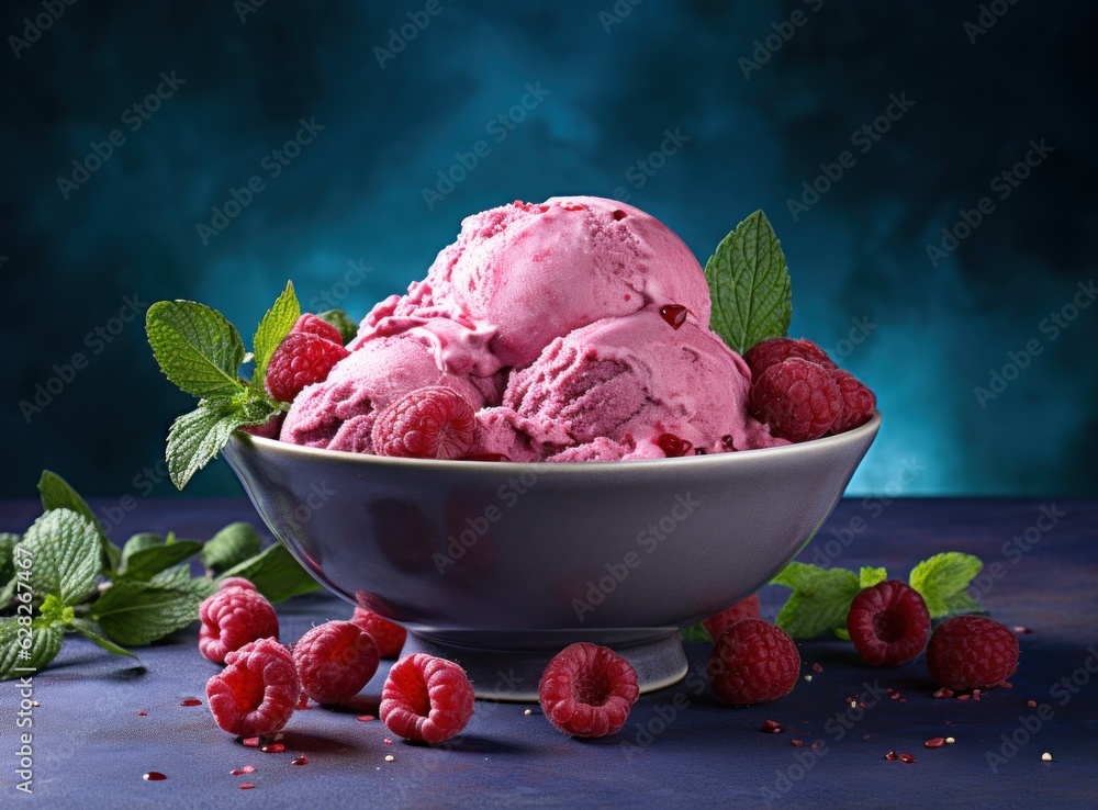 Ice cream with raspberries