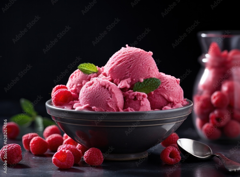 Ice cream with raspberries