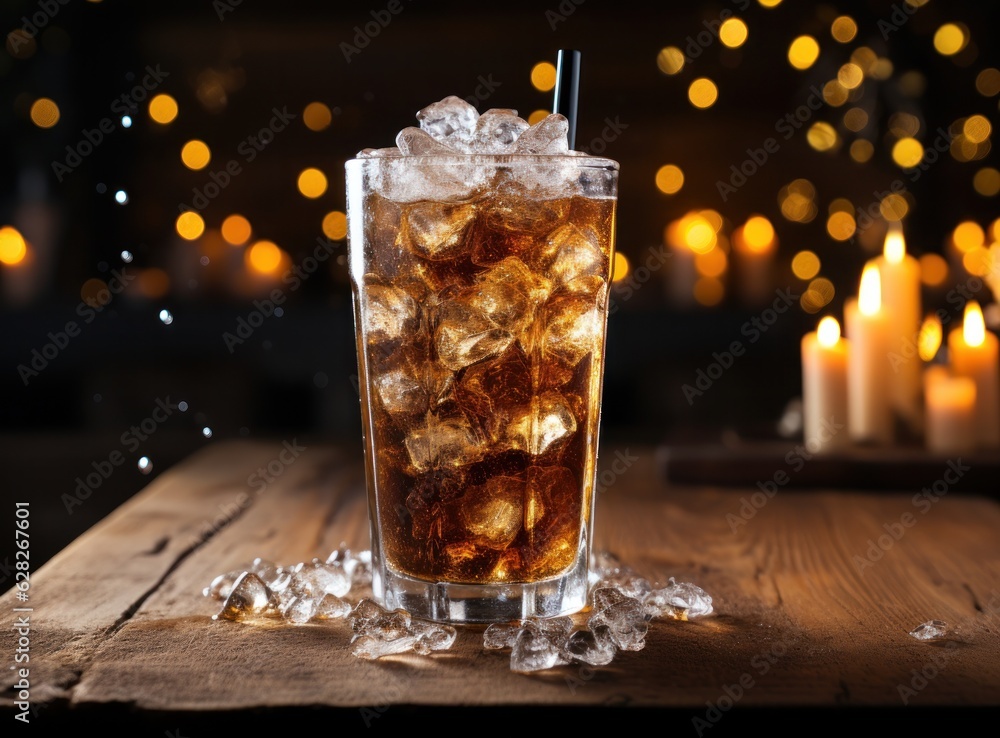 An ice cola in a glass on a sack table