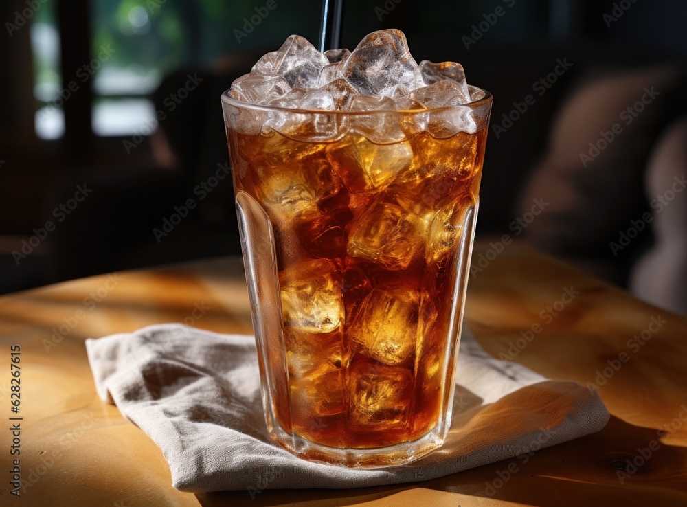 An ice cola in a glass on a sack table