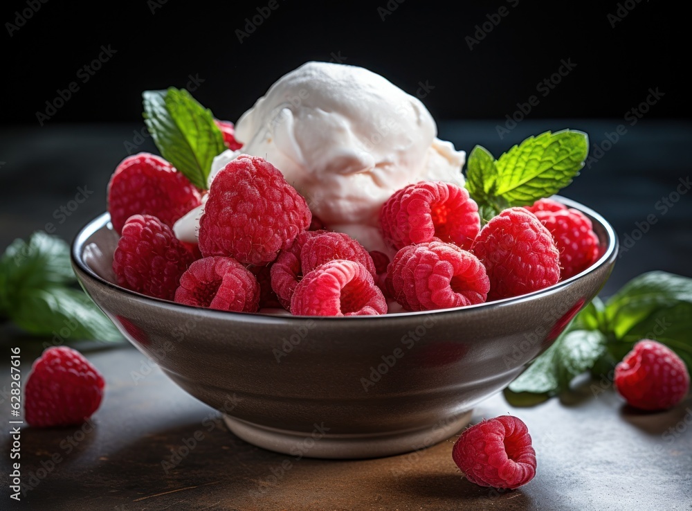 Ice cream with raspberries