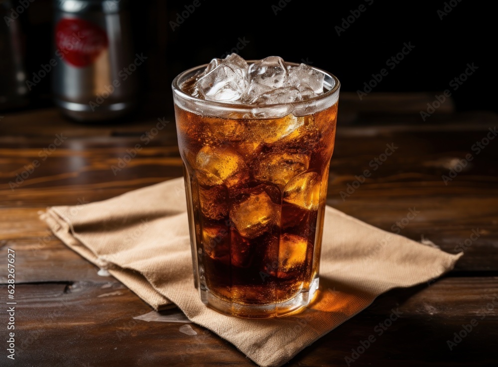 An ice cola in a glass on a sack table