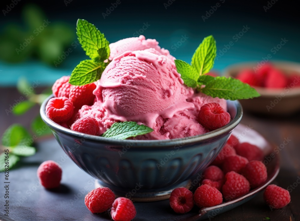 Ice cream with raspberries