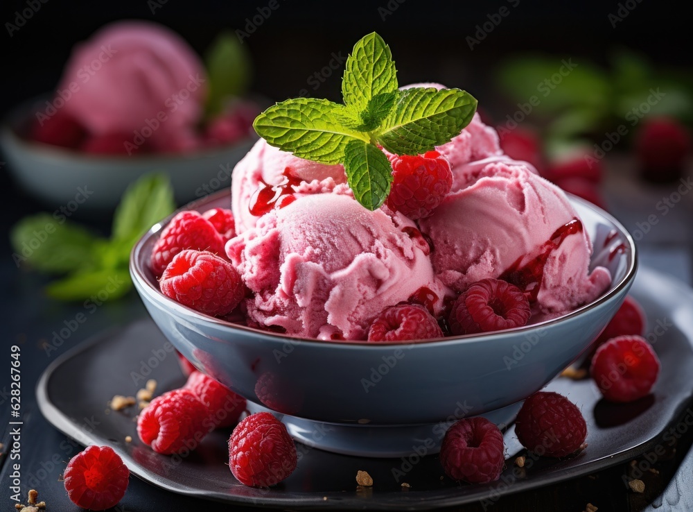 Ice cream with raspberries