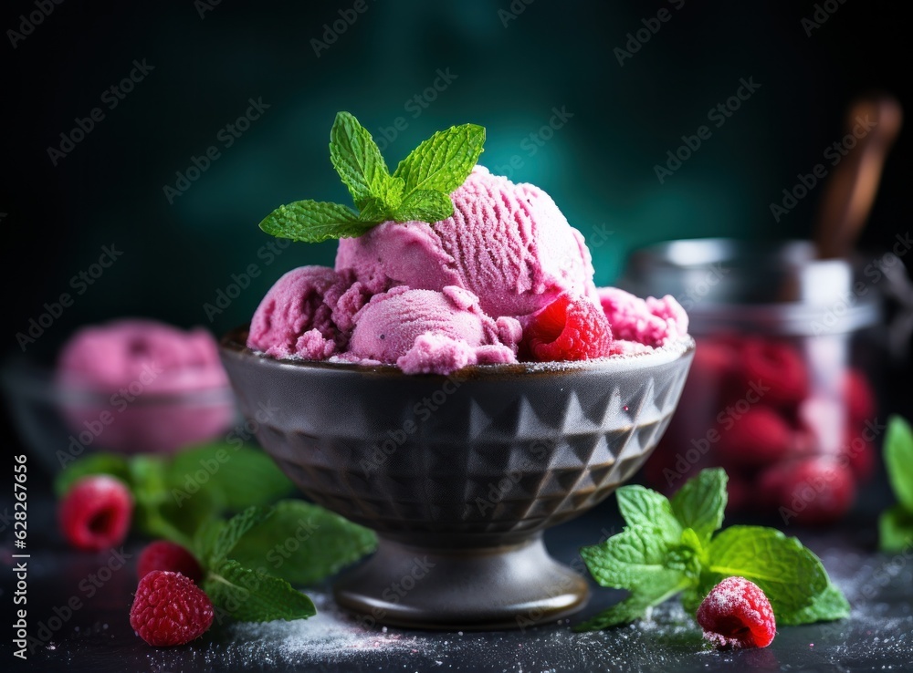 Ice cream with raspberries