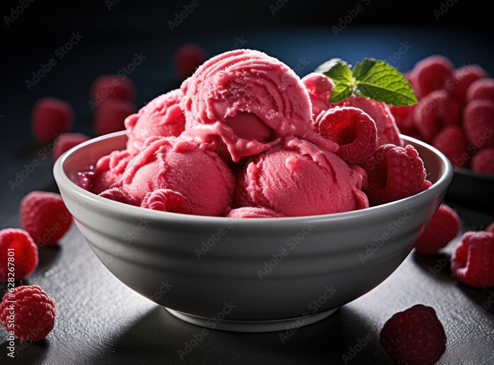 Ice cream with raspberries