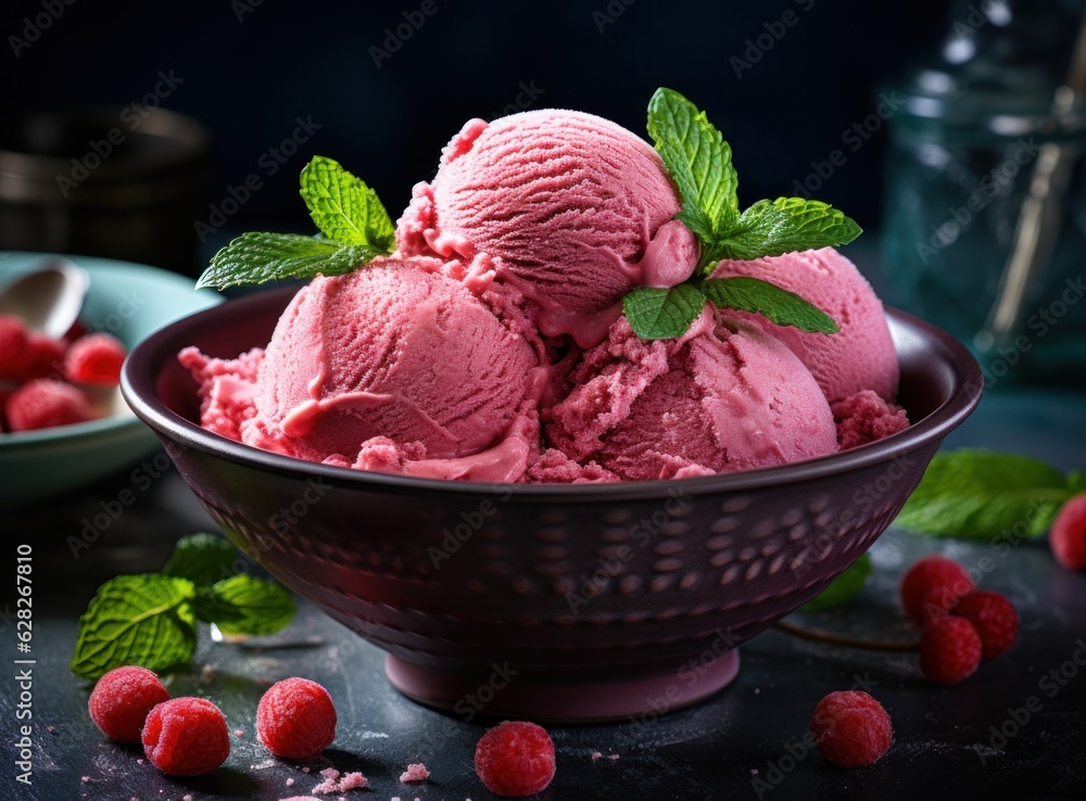 Ice cream with raspberries