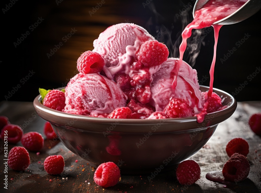 Ice cream with raspberries