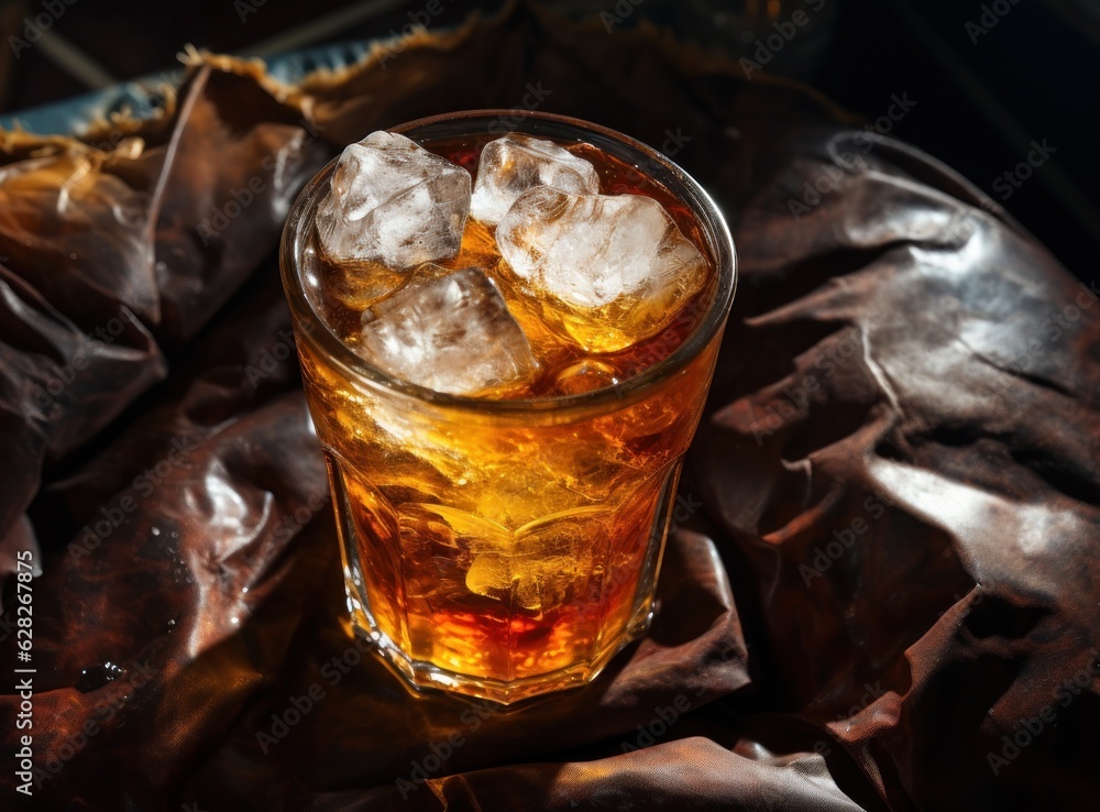 An ice cola in a glass on a sack table