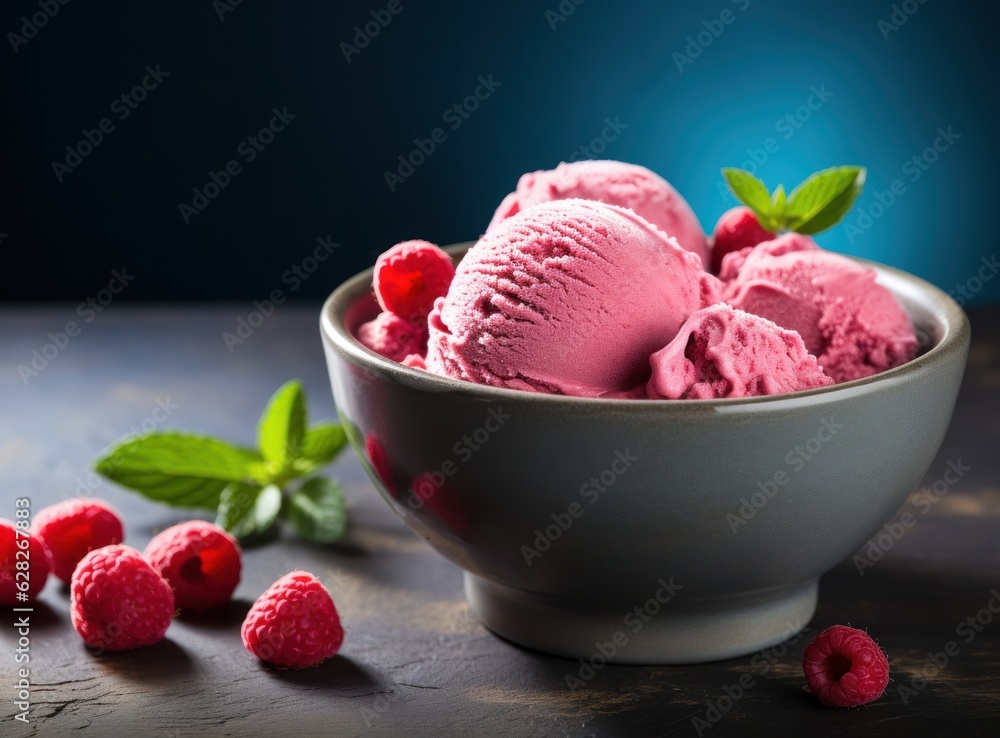 Ice cream with raspberries