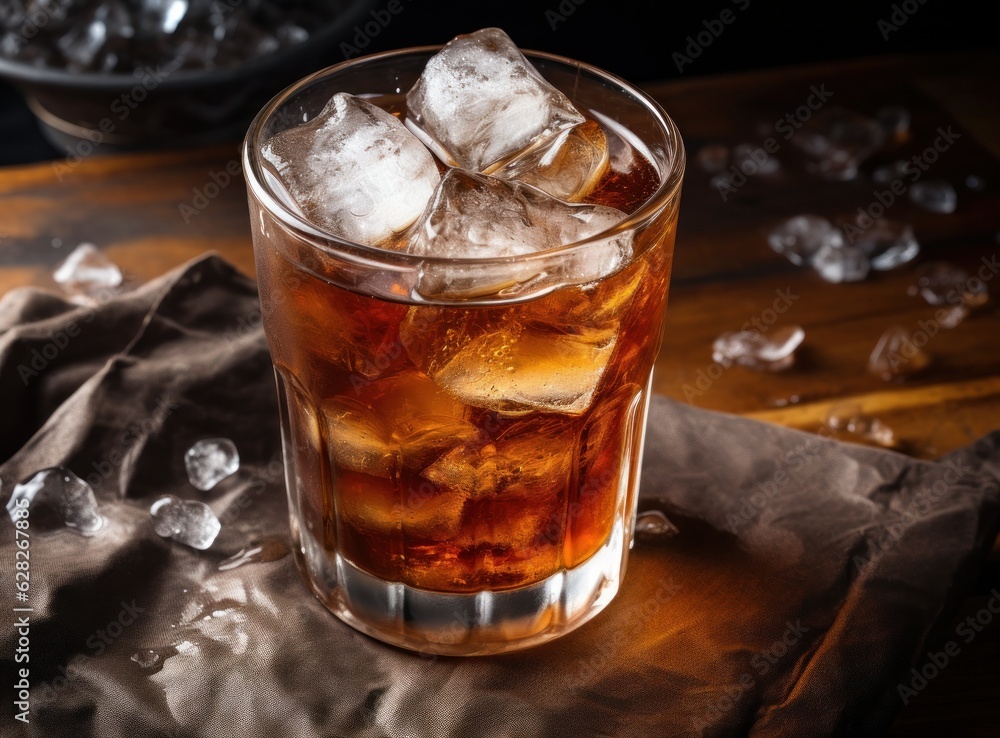 An ice cola in a glass on a sack table