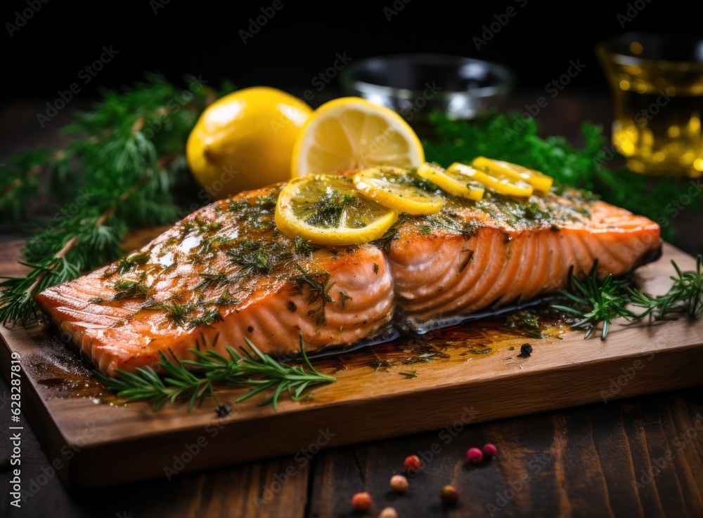 Grill salmon steak with lemon