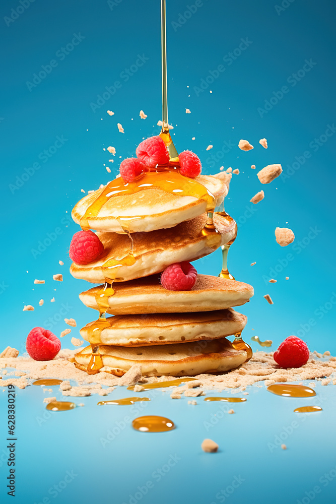 A stack of fritters with honey and raspberries for breakfast.