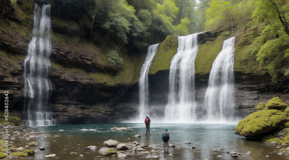 Rock standing at a waterfall in the forest. Generative AI.