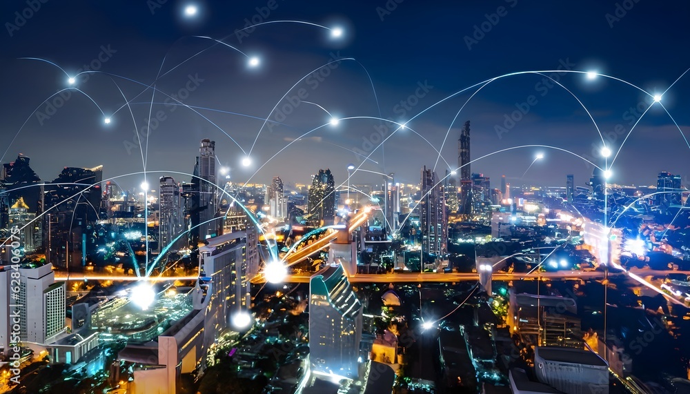 Network and Connection technology night city background at business center bangkok thailand. Wireles