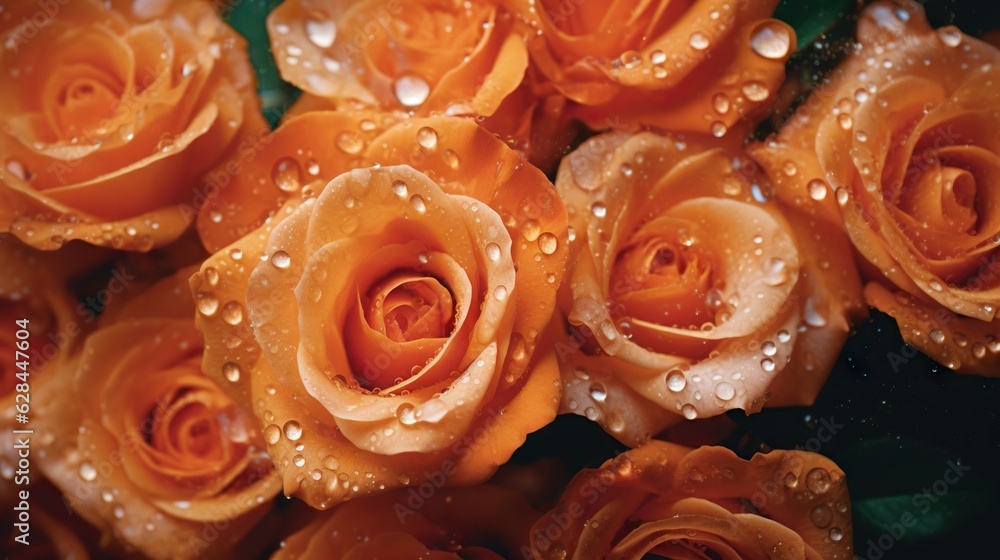 Orange Roses flowers with water drops background. Closeup of blossom with glistening droplets. Gener