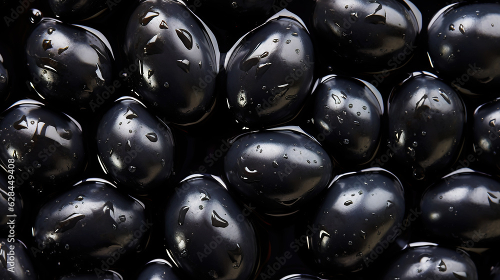 Black olives with leaves and water drops background. Vegetables backdrop. Generative AI