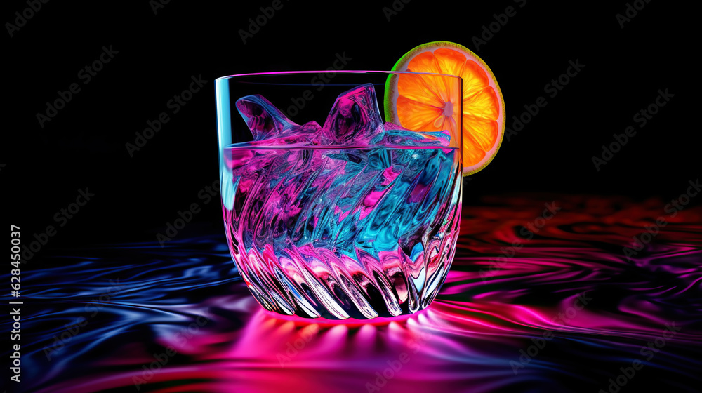 Glass of cocktail in hypnotic neon light. Colorful rave party drink. Generative AI