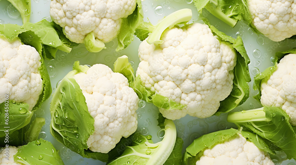 Fresh cauliflowers with water drops background. Vegetables backdrop. Generative AI