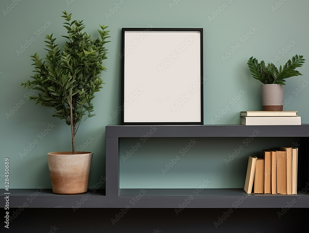 Modern interior design of living room with wooden empty mock up frame, wooden shelf, books, flowers 