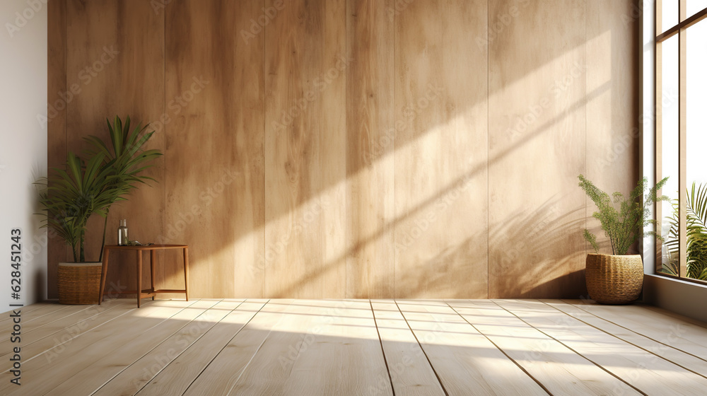 Empty room of modern contemporary loft with plants on wooden floor. Generative AI