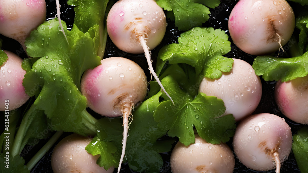 Fresh turnips with water drops background. Vegetables backdrop. Generative AI