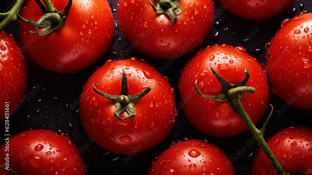 Fresh red tomatoes with water drops background. Vegetables backdrop. Generative AI