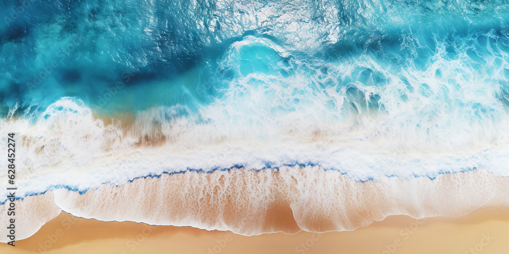 Top view oncoast with ocean waves. Blue water background. Summer seascape from air. Generative AI