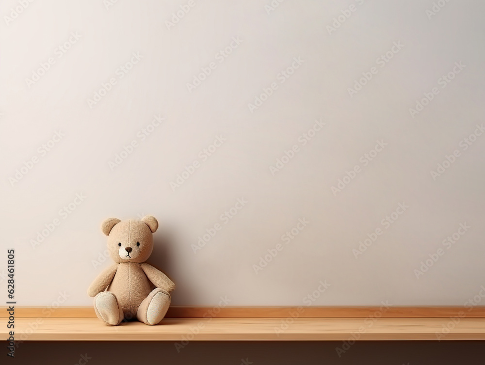 Kids room interior mockup, empty neutral wall for your text, wooden shelf and stuffed toys Generativ