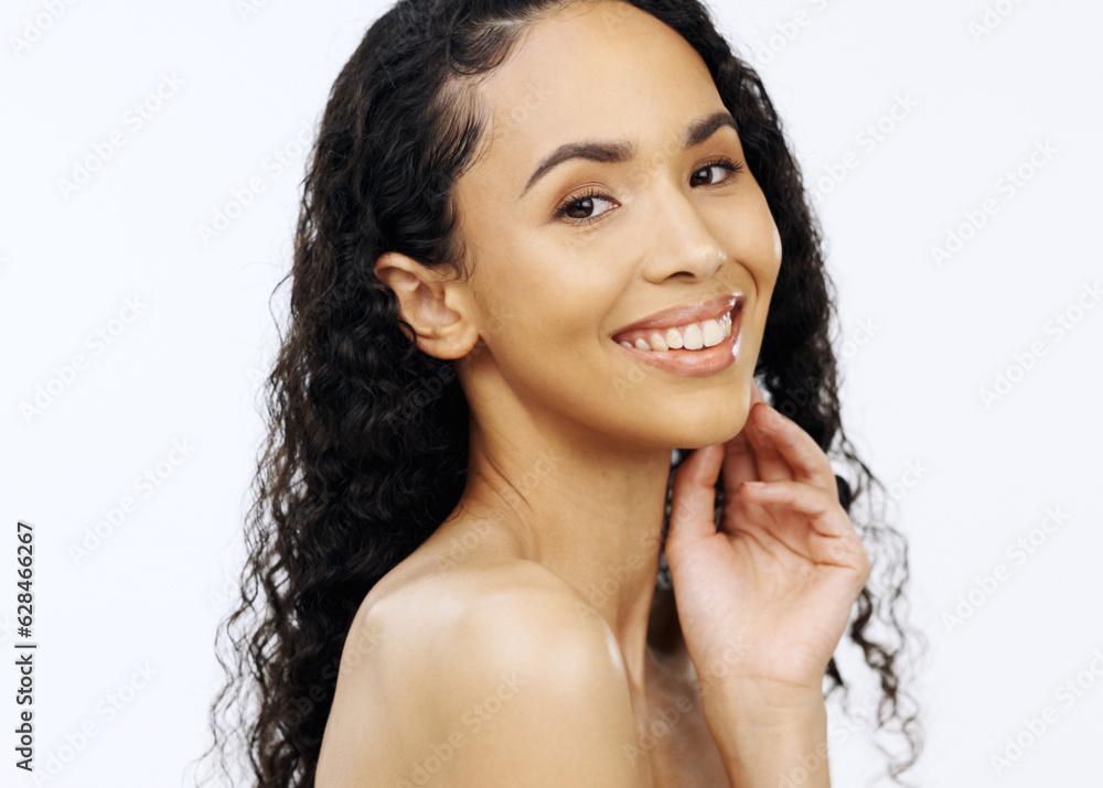 Woman, face or touching face on isolated white background in skincare, collagen success or dermatolo