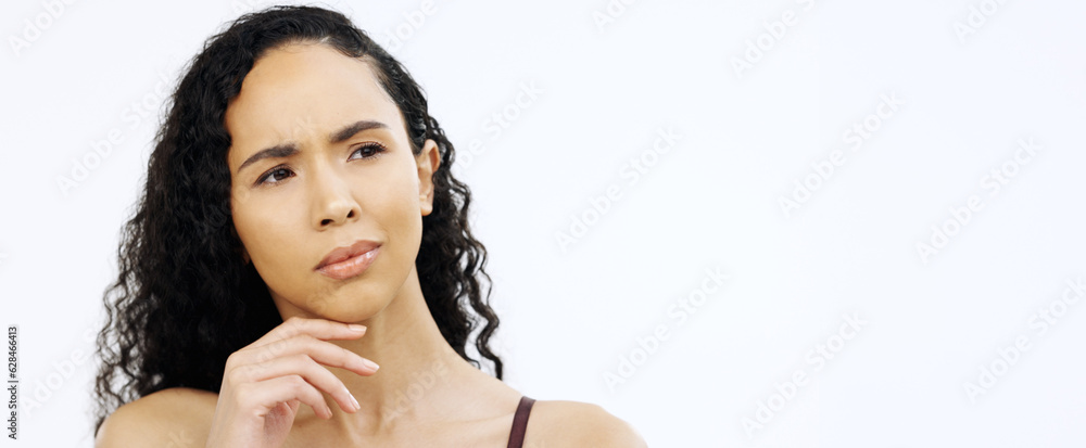 Confused model, face or thinking on isolated white background of skincare, beauty or makeup brand ch