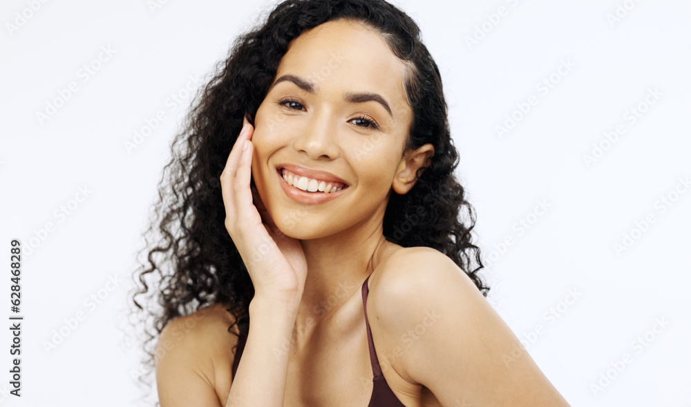 Woman, skin or touching face on isolated white background in skincare, collagen success or dermatolo