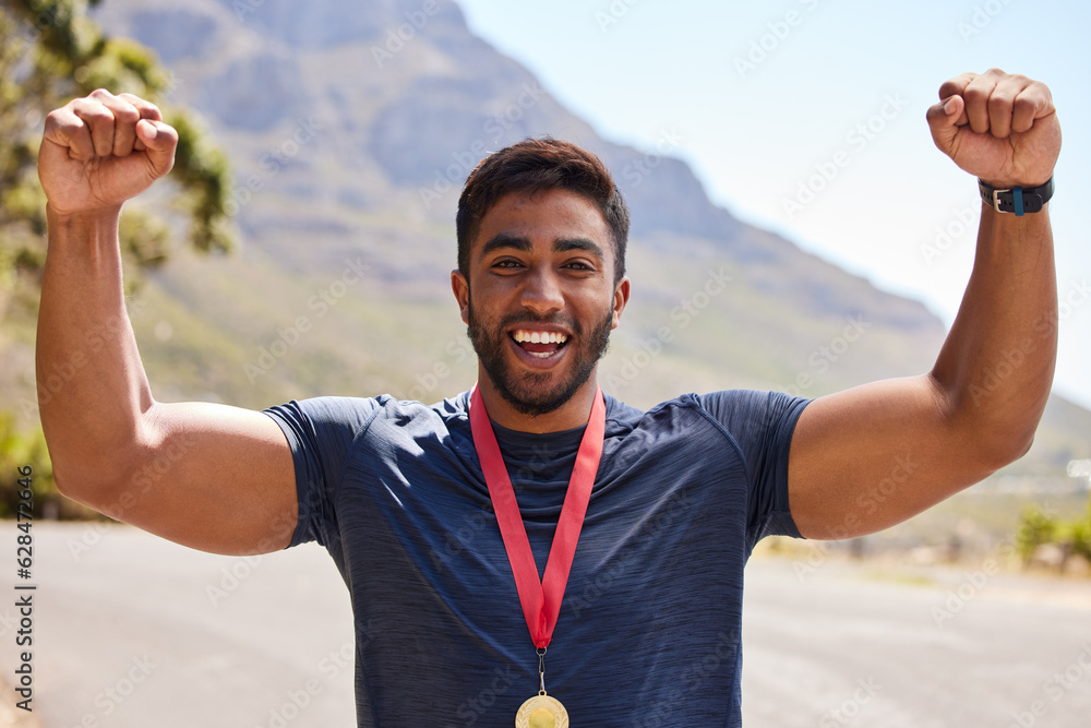 Fitness, winner and portrait of man with medal on mountain for exercise, training and running race. 