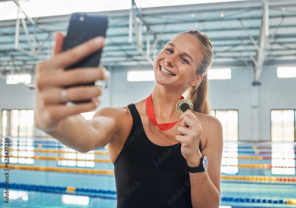 Win selfie, woman and a medal for swimming, sports success and live streaming an achievement. Happy,