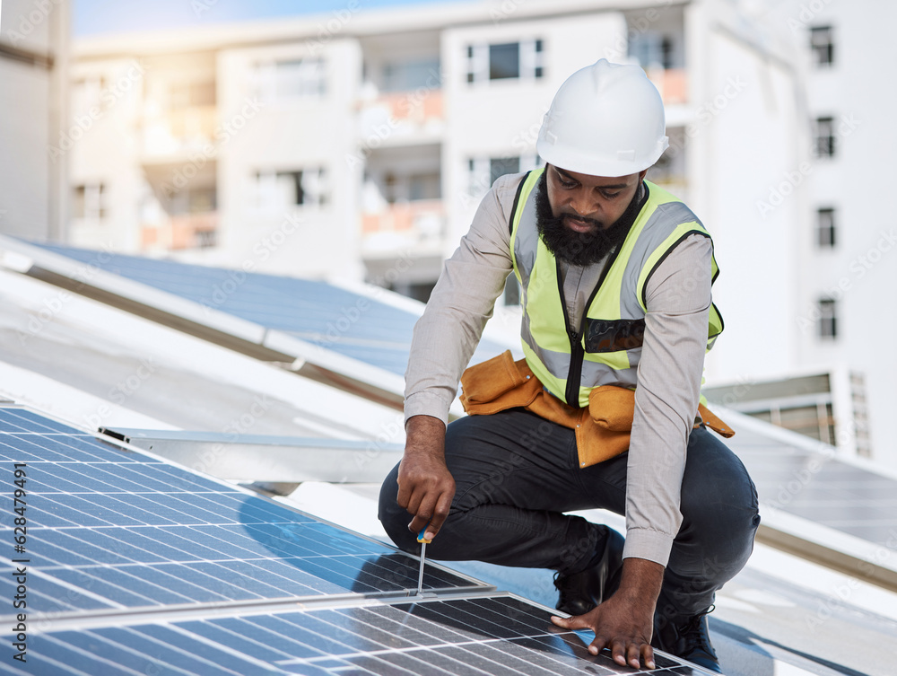 African engineer man, screwdriver and solar panel on roof for maintenance, industry or thinking in c