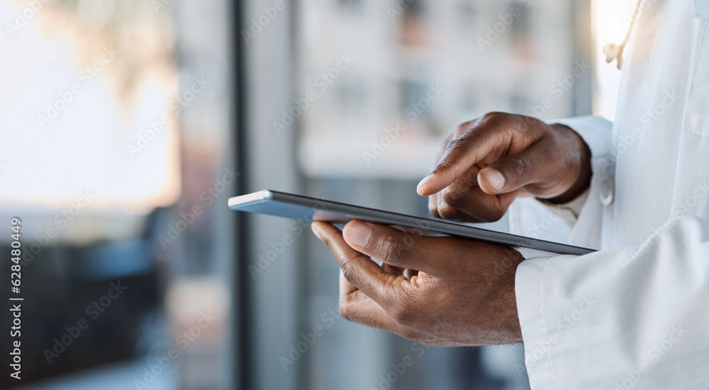 Tablet, doctor and hands in hospital for healthcare services, telehealth analysis and online network