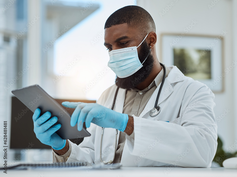 Doctor, black man and tablet in office for medical review, data research or healthcare app. Hospital