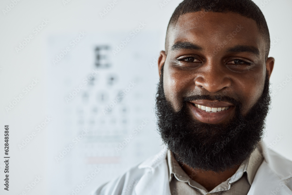 Optometrist, face and portrait of man with smile with trust for eye care services, healthcare consul