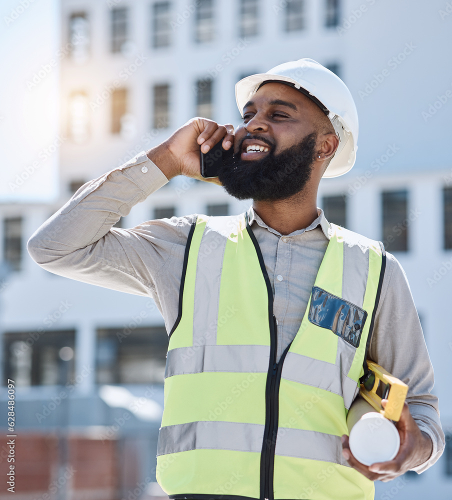 African engineer man, phone call and outdoor with smile, thinking and listen for networking, buildin