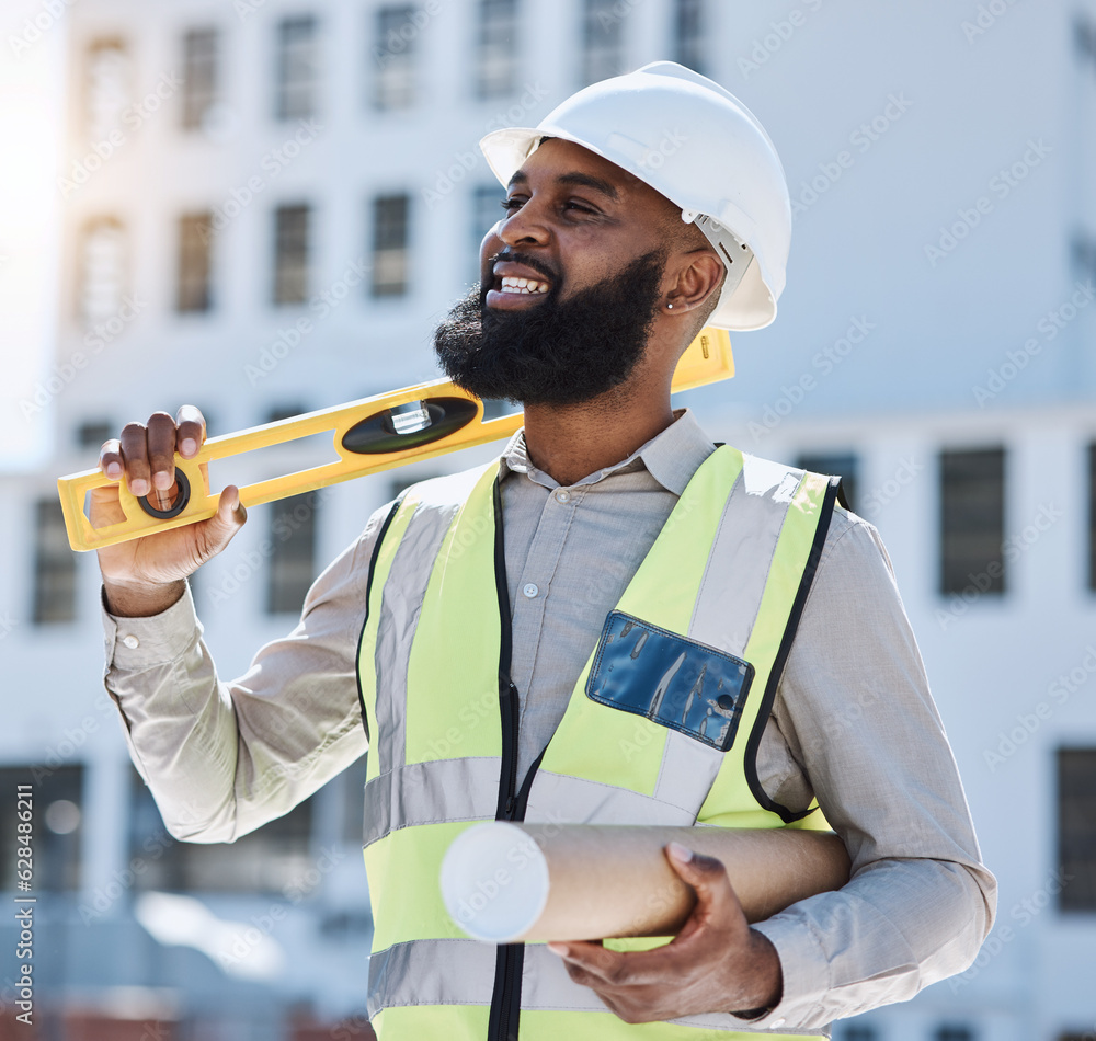 Outdoor, engineer and black man with blueprint, thinking or planning with solution, problem solving 