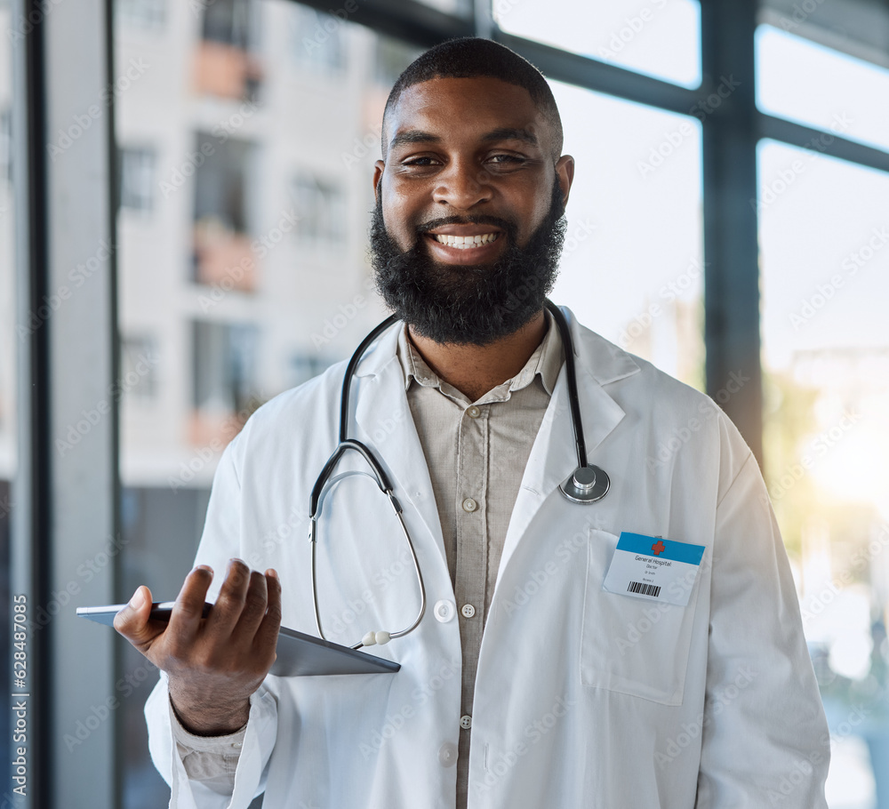 Tablet, happy man and portrait of doctor for healthcare services, telehealth analysis or hospital ne