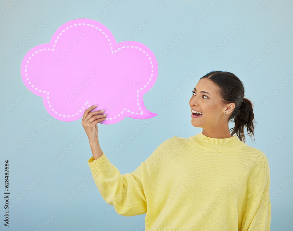 Social media, happiness and woman with mockup speech bubble for voting opinion, studio advertising s