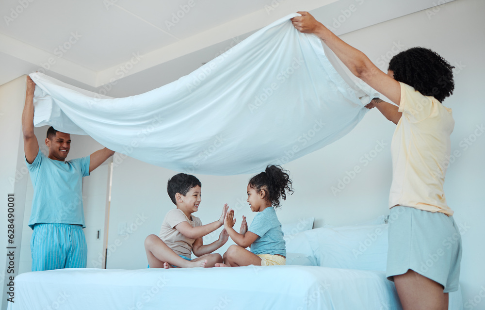 Children, play and family with blanket in bedroom, bonding and smile together. Interracial, kids gam