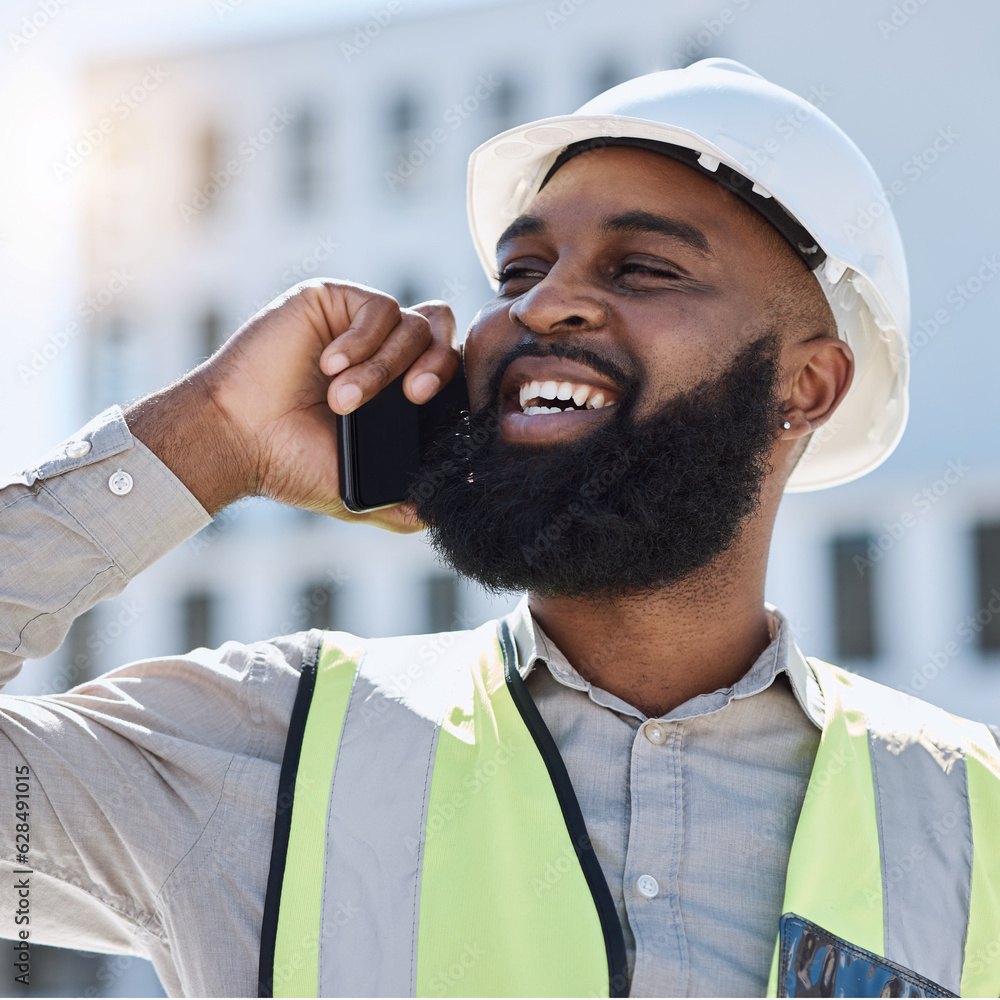 African engineer man, phone call and city with smile, thinking and listening for networking, buildin