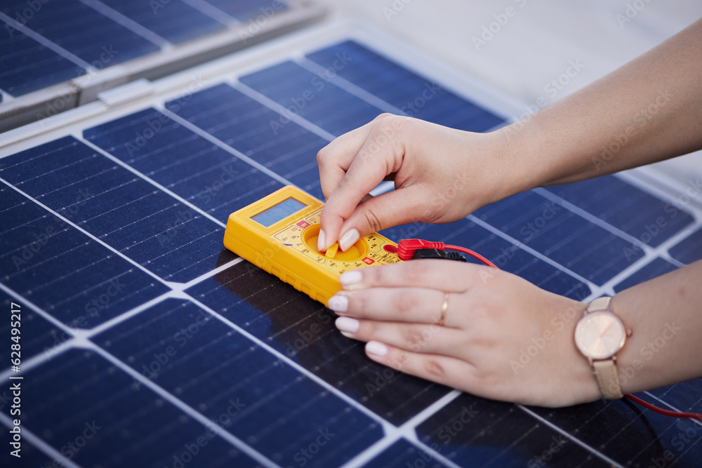 Solar panels, voltage meter and hands for renewable energy, electricity or innovation. Closeup, char