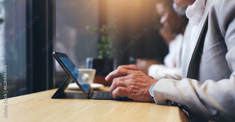 Cafe, tablet and business person hands typing, remote work and online management, research or propos