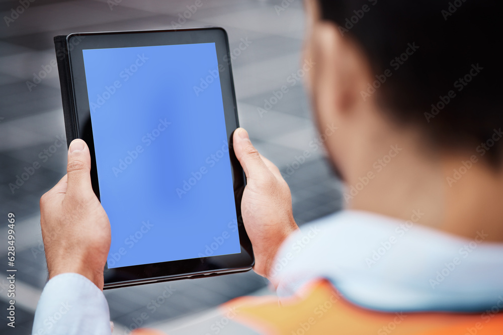 Man, hands and tablet mockup on rooftop for communication, construction or outdoor networking. Close