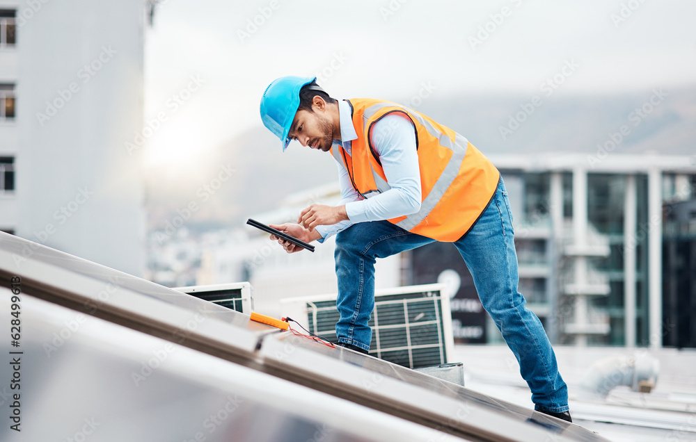 Solar panel, tablet and engineering with man on roof top for renewable energy, project and power. Co