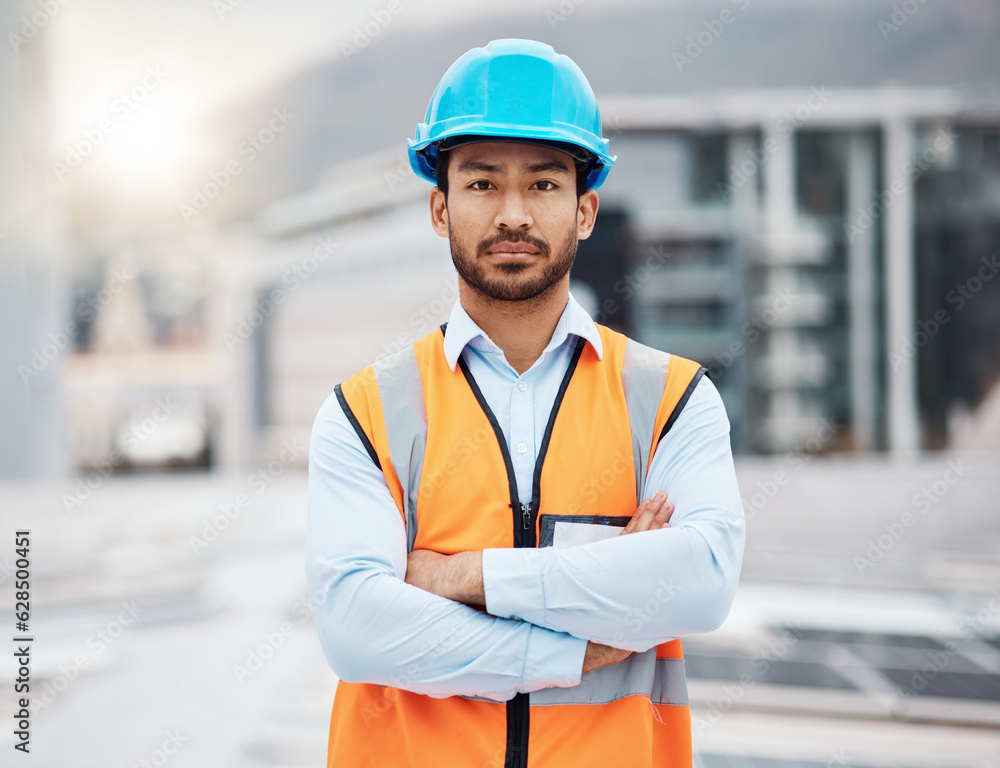 Portrait, construction worker and man with arms crossed with solar panel maintenance outdoor. Roof, 