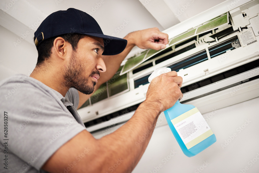 Air conditioner, cleaning and man with electrical machine check in a home with ac repair. Maintenanc